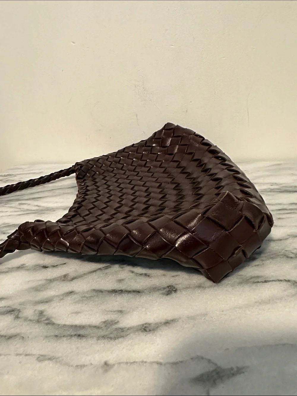Faye Creations Emma Woven Full-Grain Leather Shoulder Bag - Dark Brown